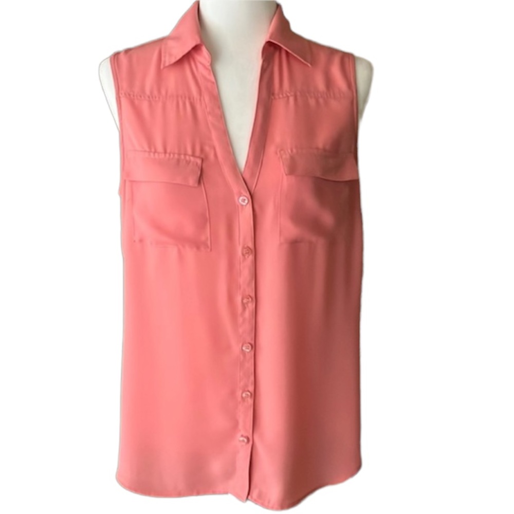 NEW YORK & CO WOMEN CORAL PINK COLLARED SLEEVELESS BLOUSE CASUAL LIGHTWEIGHT MED